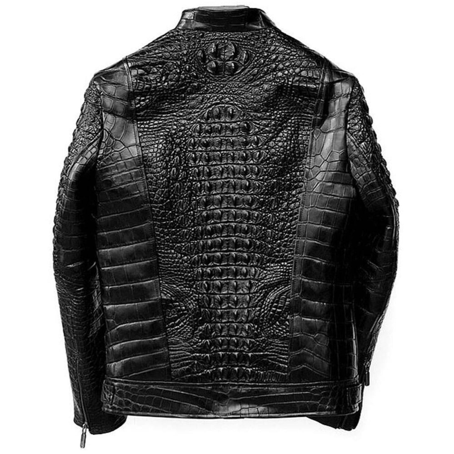 Blouson aviateur en cuir fait main à motif crocodile, noir